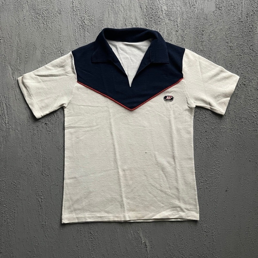 Vintage Polo Shirt Medium White 1970s Color block V Neck